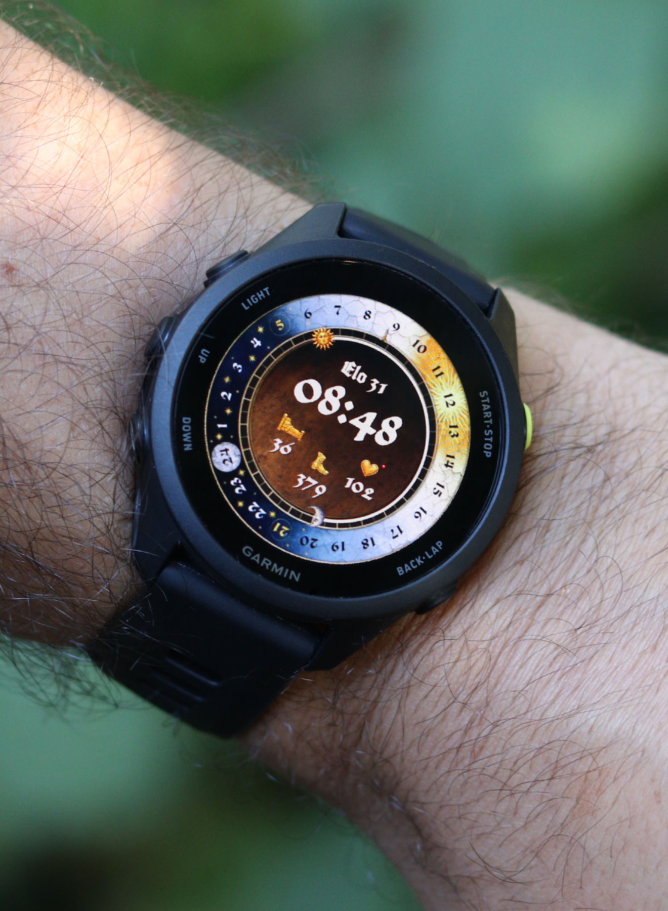 Closeup of Kingdom Come: Deliverance Watch face running on Garmin Forerunner 70