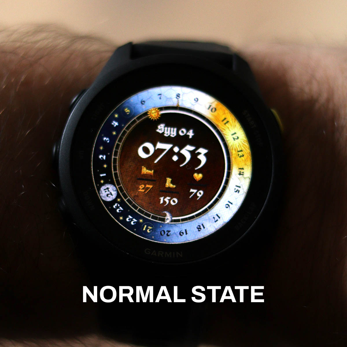 Closeup of KCD Watch face running on Garmin Forerunner 70 - Showing new debuff bar system - Normal state with no visible buffs or debuffs