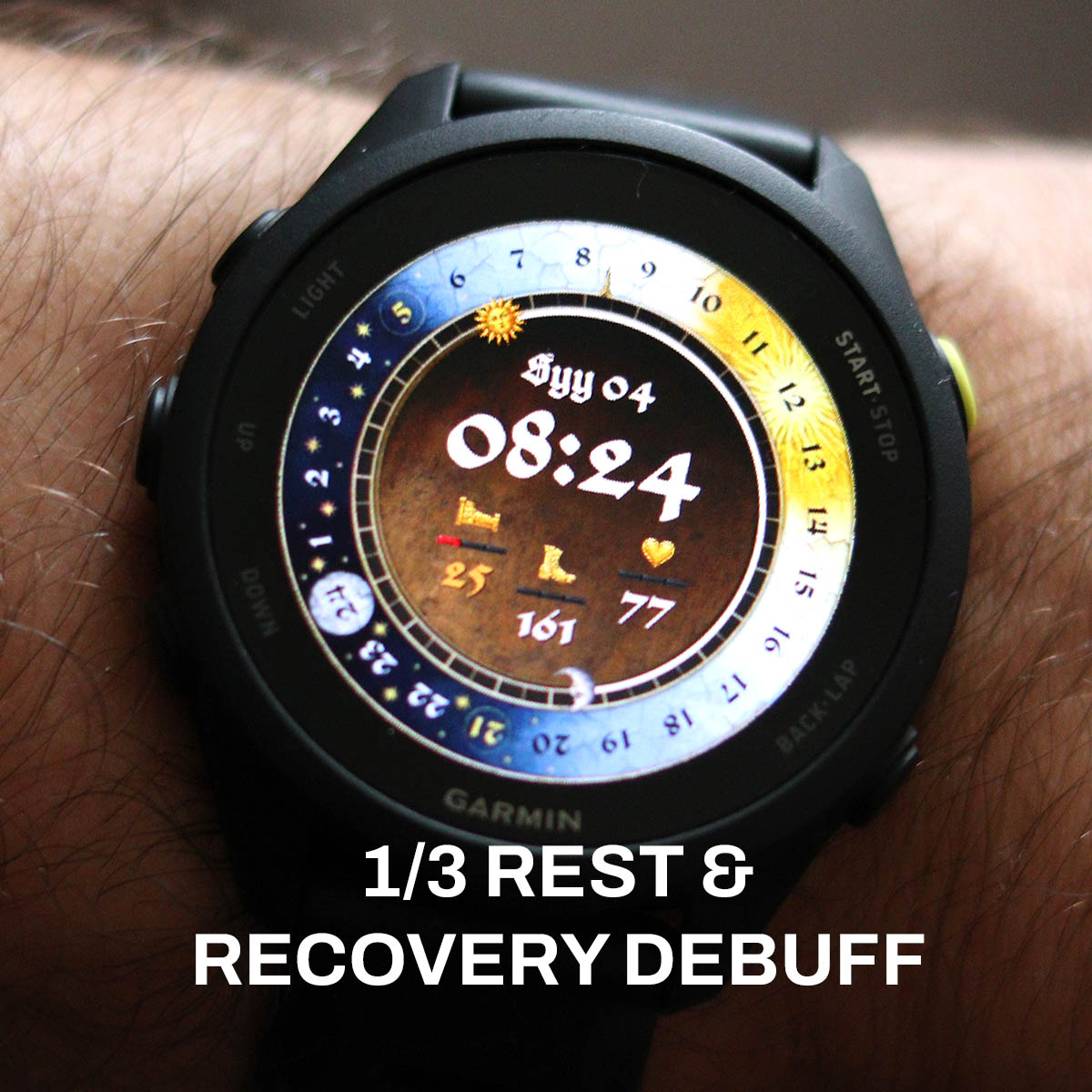 Closeup of KCD Watch face running on Garmin Forerunner 70 - Showing new debuff bar system - Rest & Recovery