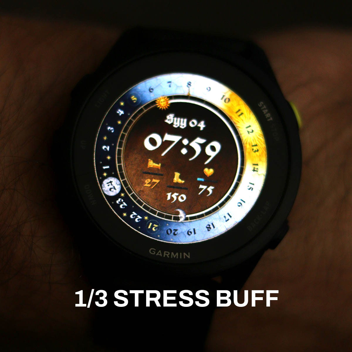 Closeup of KCD Watch face running on Garmin Forerunner 70 - Showing new debuff bar system - Stress