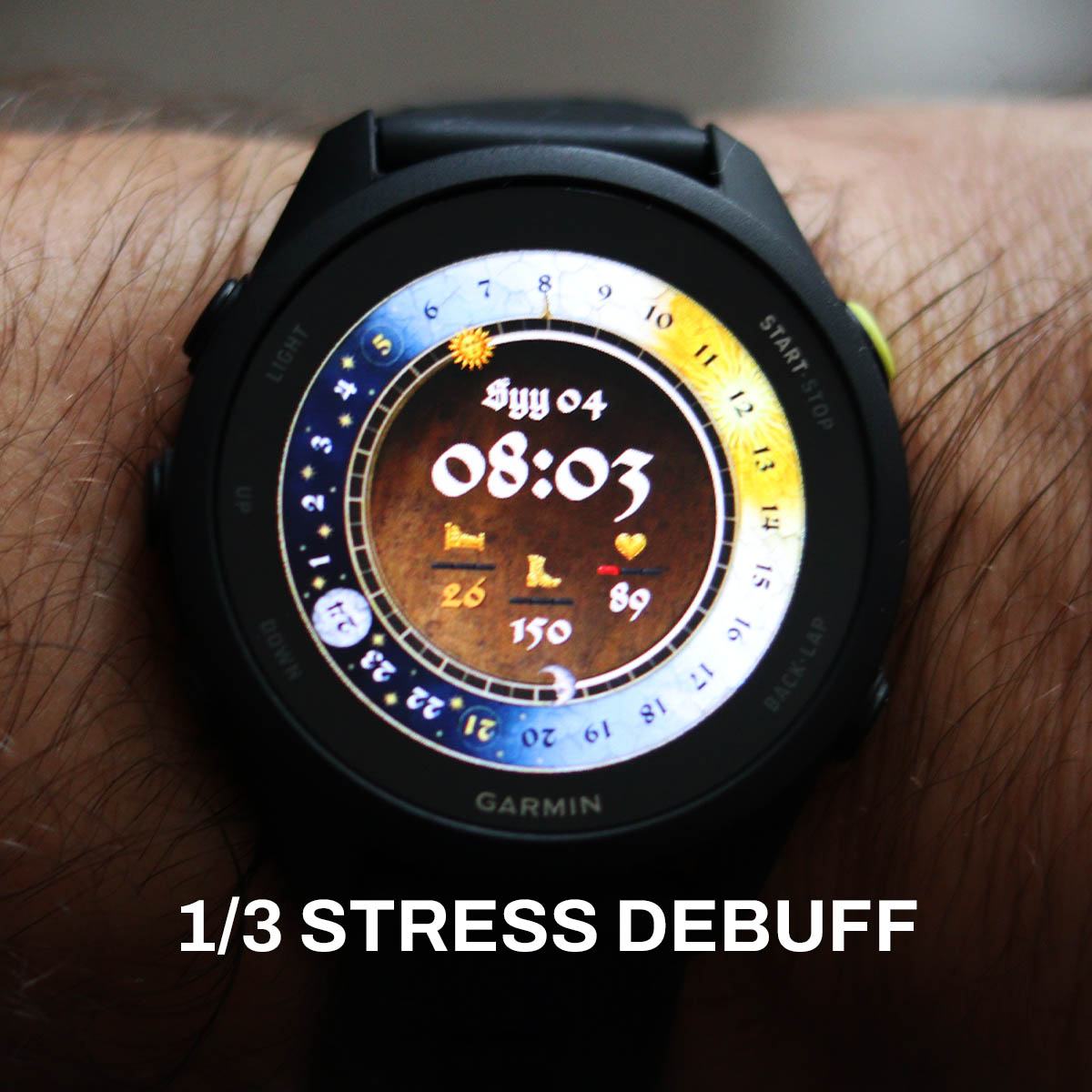 Closeup of KCD Watch face running on Garmin Forerunner 70 - Showing new debuff bar system - Stress