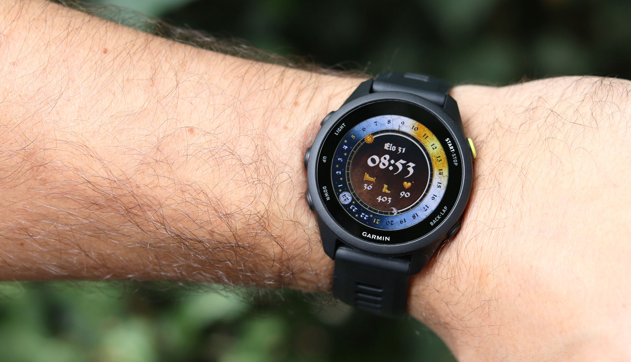 Closeup of Kingdom Come: Deliverance Watch face running on Garmin Forerunner 70