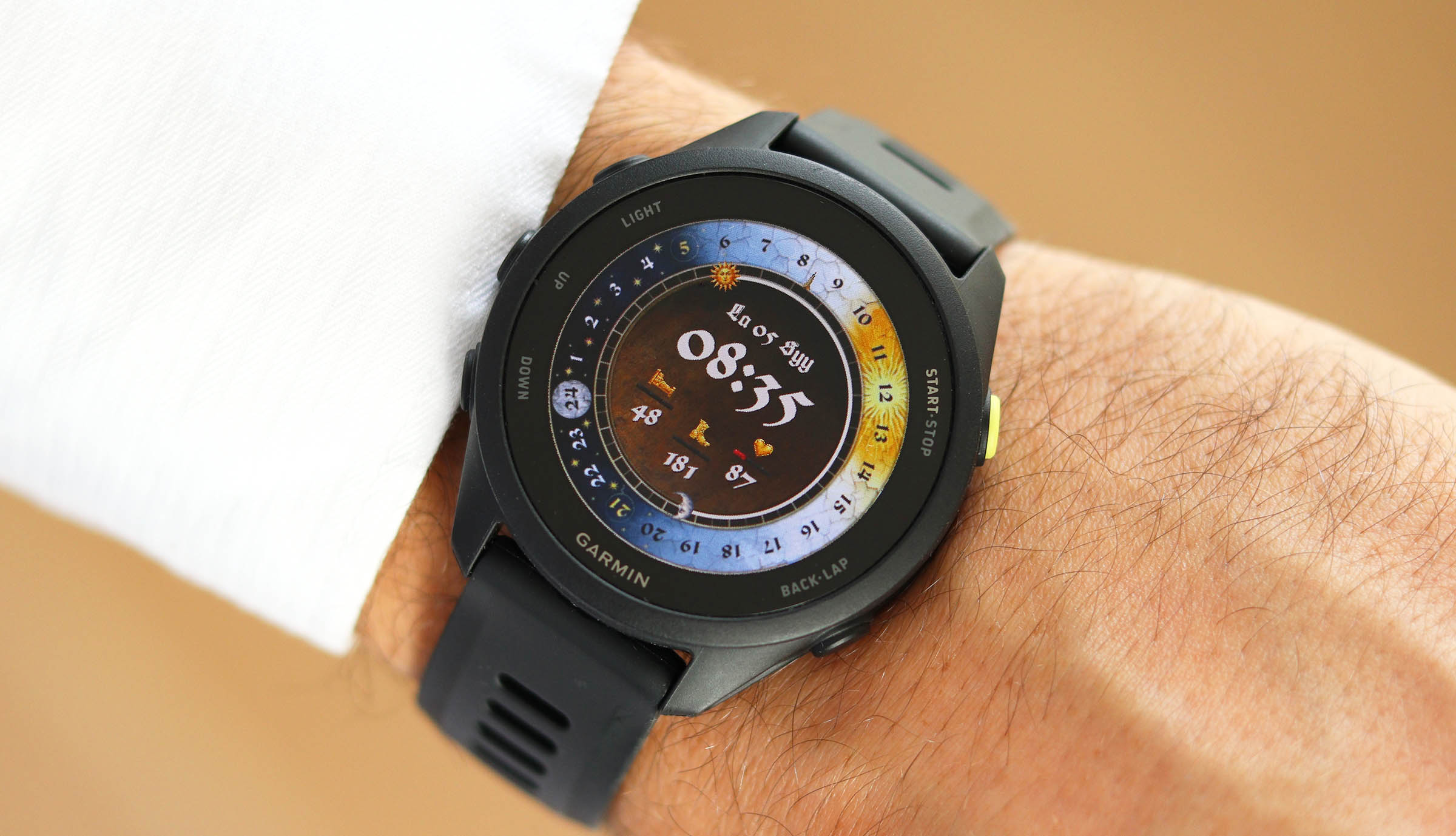 Closeup of KCD Watch face running on Garmin Forerunner 70